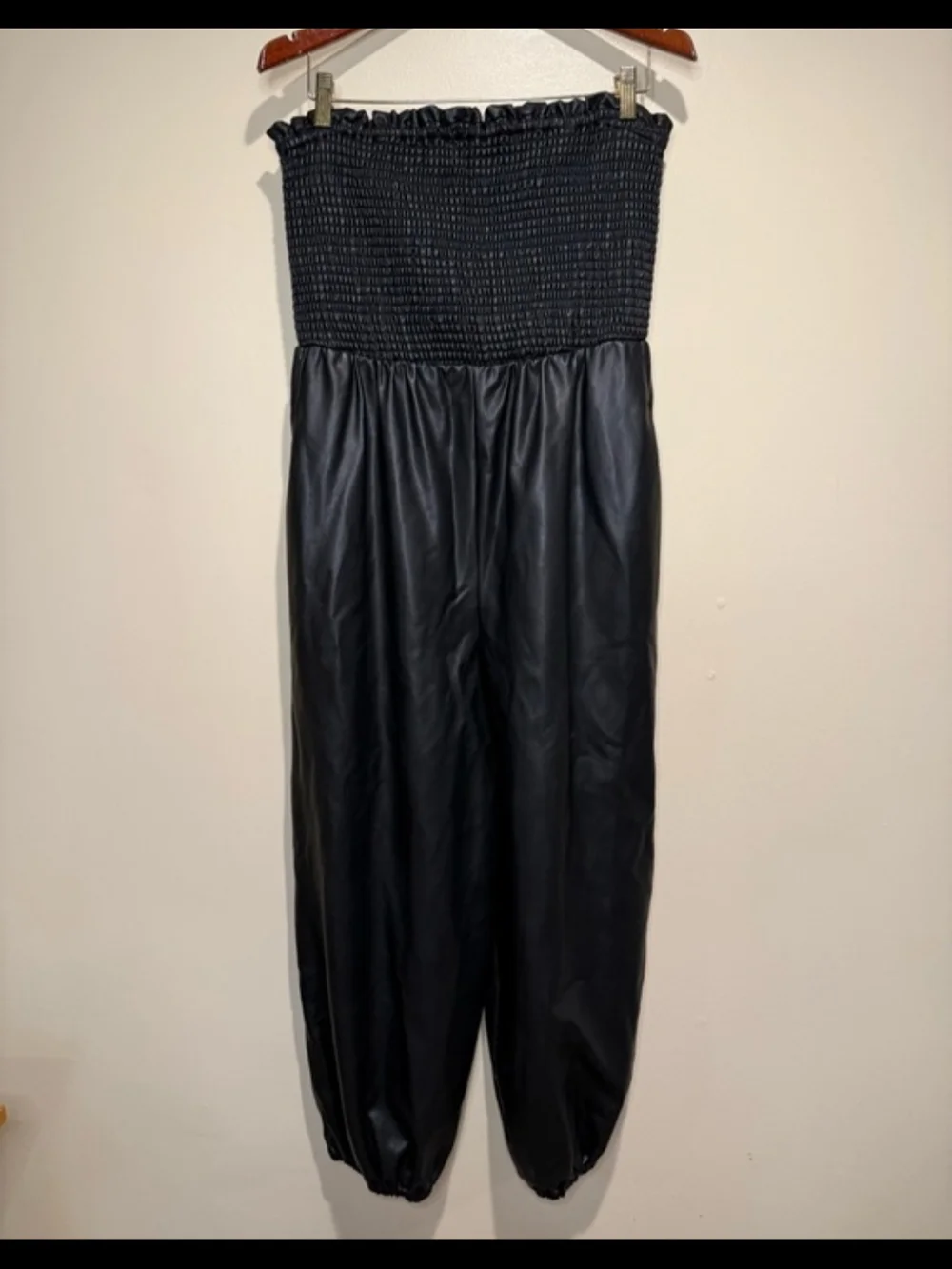 Anthropologie Black Strapless Smocked Faux-Leather Jumpsuit - Picture 2 of 5